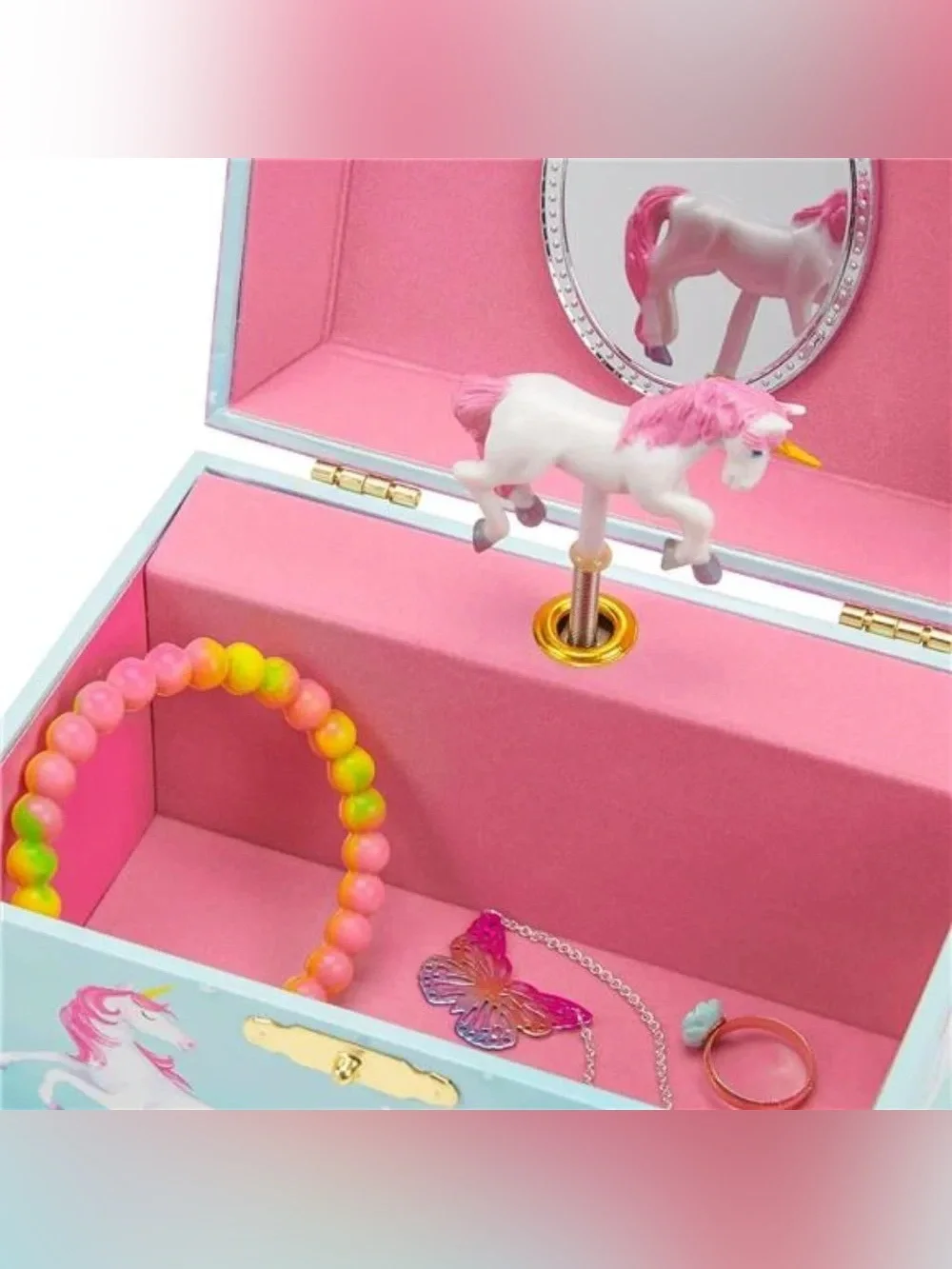 Girl's Musical Jewelry Storage Box with Spinning Unicorn, 6 x 4.65 x 3.5 inches